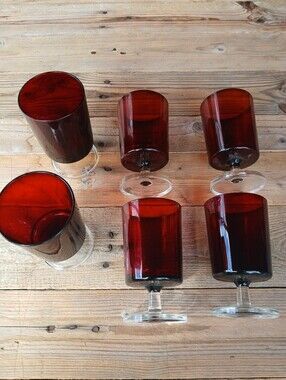 Set of 6 Luminarc CavalierRed Glass Stem Cups - Vintage Barware